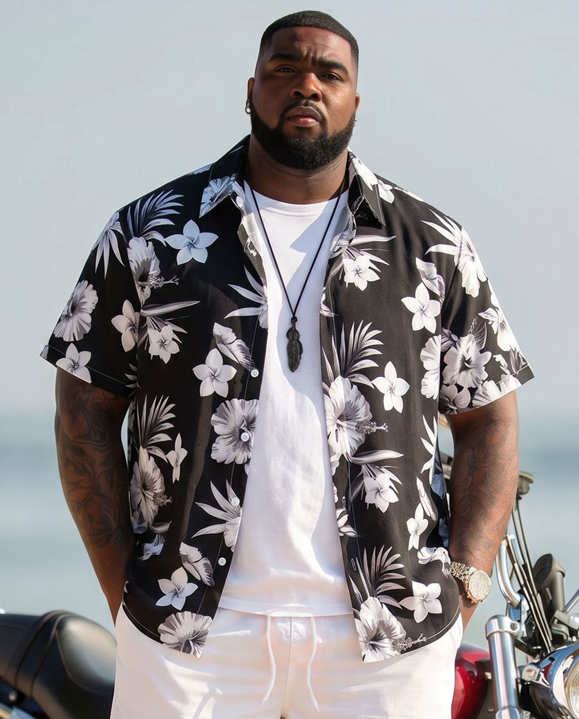 Big & Tall Men's Hawaiian Classic Black & White Floral Full Print Short Sleeve Cardigan Shirt Shorts Set