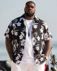 Big & Tall Men's Hawaiian Classic Black & White Floral Full Print Short Sleeve Cardigan Shirt Shorts Set