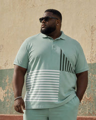 Big & Tall Men's Green Irregular Geometric Contrast Printed Button POLO Shirt Short Sleeve Shorts Set