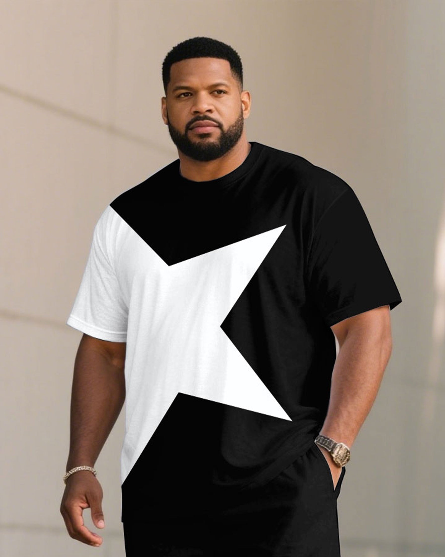 Big & Tall Men's Big Five-star Geometric Contrast Stitching T-shirt Short Sleeve Suit