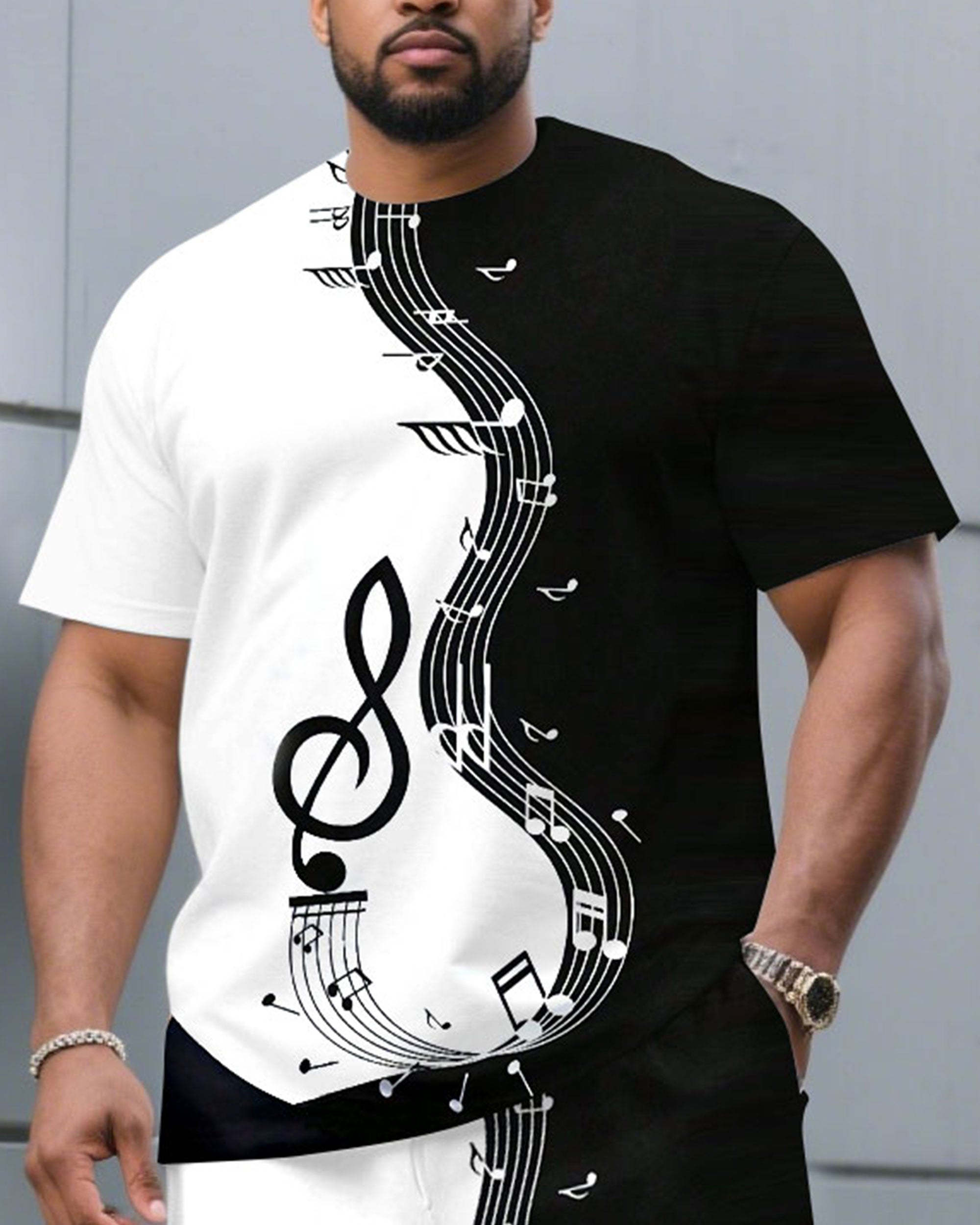 Big & Tall Men's Black & White Contrast Color Music Pattern Printed Round Neck Short Sleeve T-Shirt Shorts Set