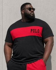 Big & Tall Men's Black And Red Patchwork Chest Logo Print T-Shirt And Shorts Set