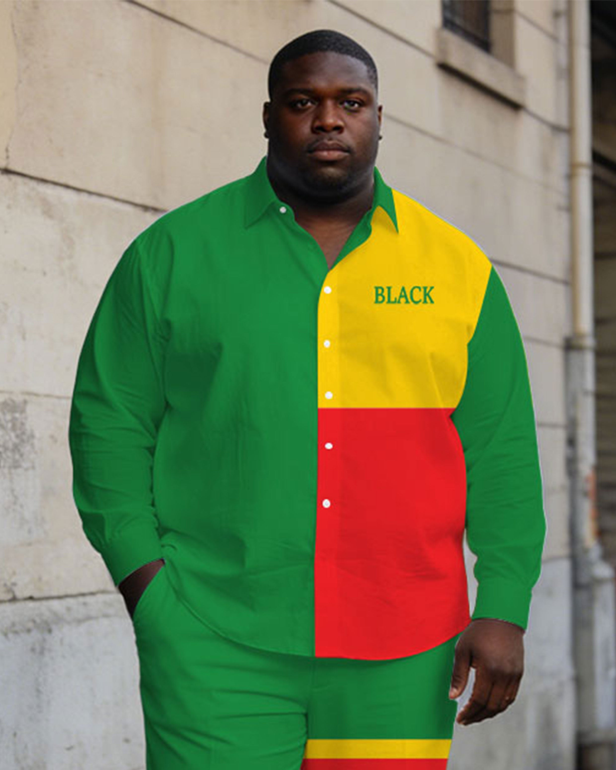 Men's Plus Size Black Day Green & Yellow & Red Ethnic Color Contrast Color BLACK Slogan Printed Long Sleeve Shirt Trousers Business Casual Suit