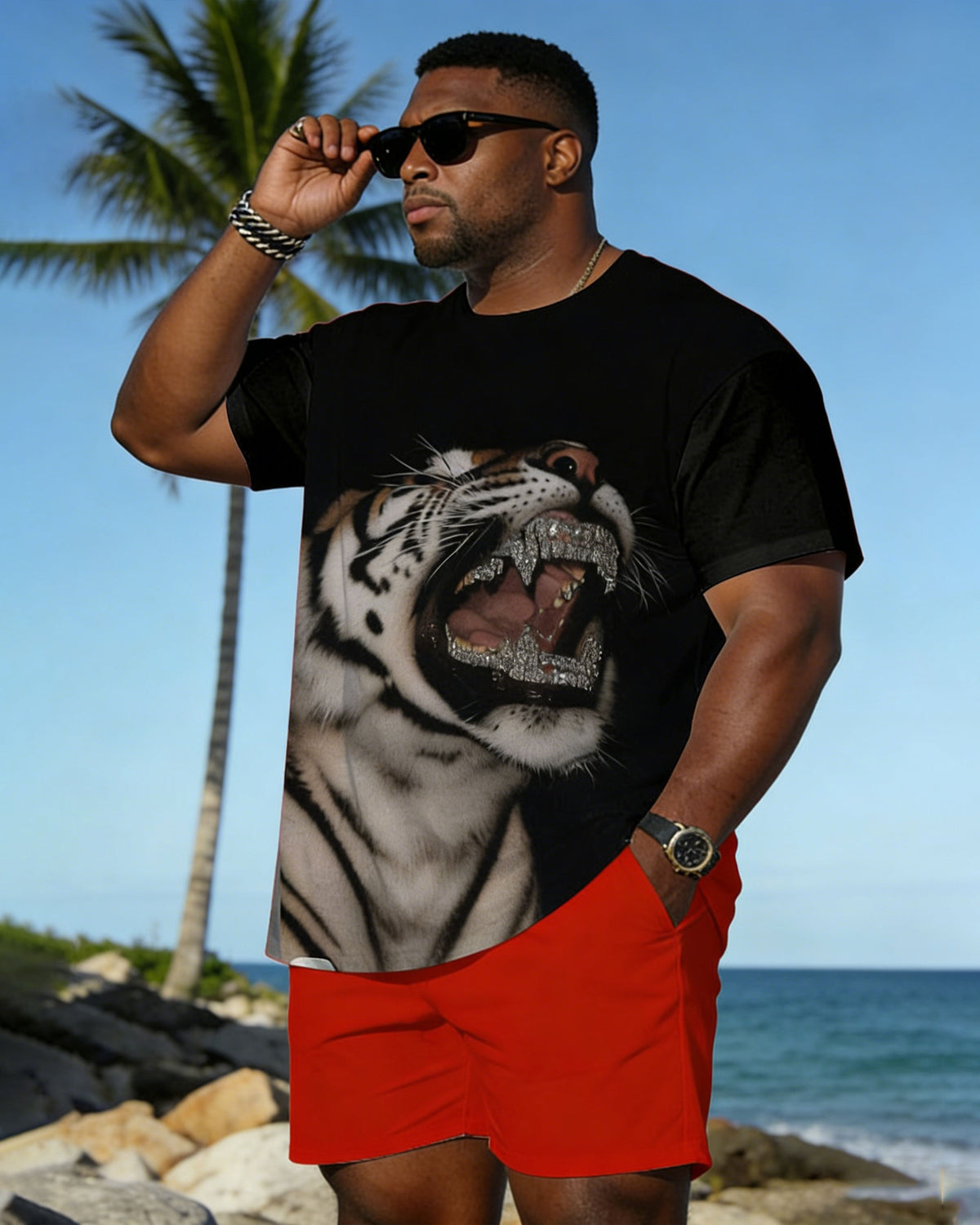 Big & Tall Spring And Summer New Valentine's Day Dating Party Party Holiday 3D Tiger Pattern Printed Crewneck Short Sleeve T-Shirt Shorts Set Couple Dress