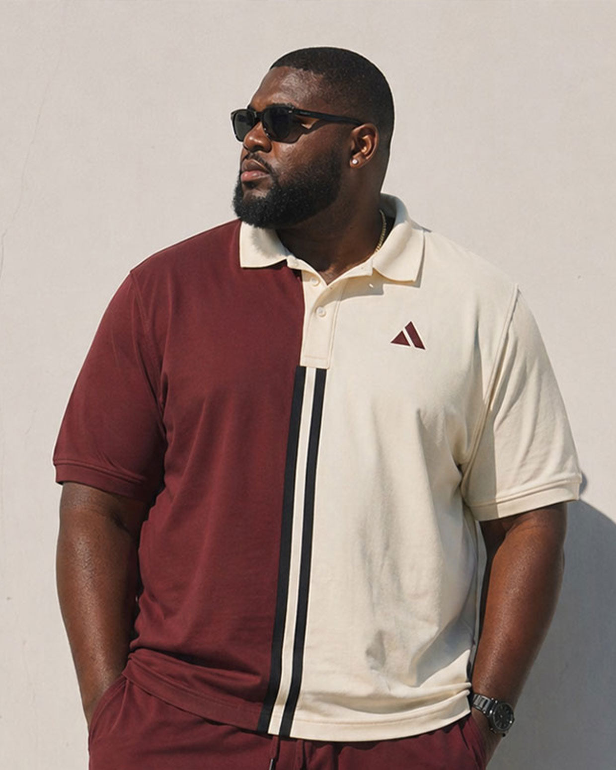 Big & Tall Men’s Red & Khaki Contrasting Color Simple Chest-Printed Polo Shirt And Short-Sleeve Shorts Set
