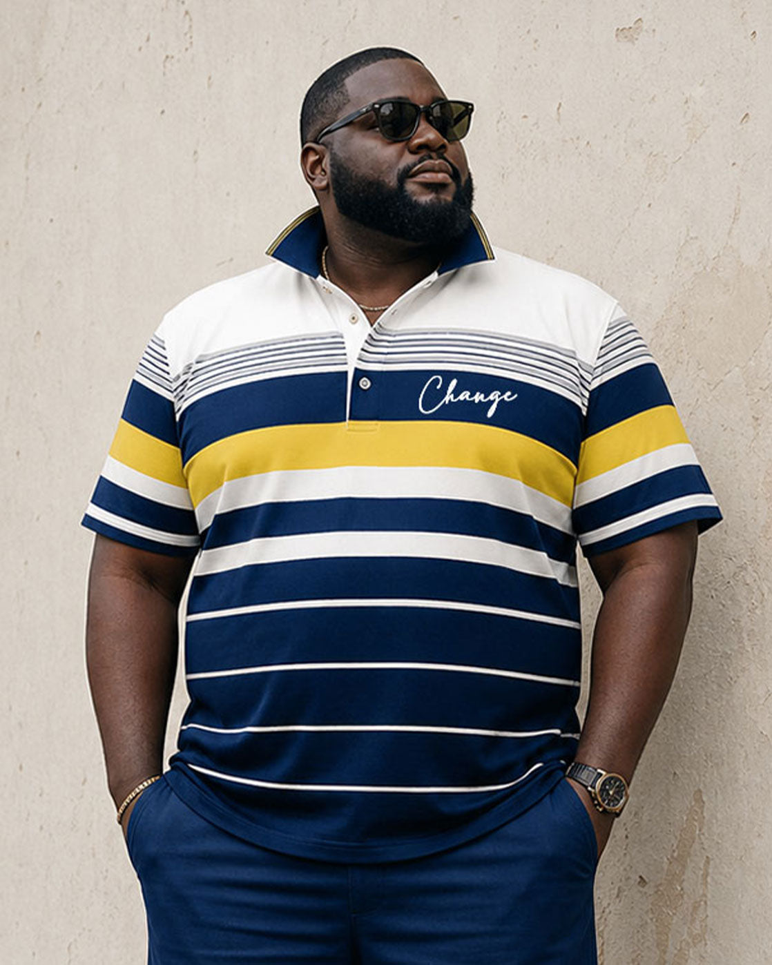 Big & Tall Men's Daily Travel Wear Striped Contrast POLO Shirt Short Sleeve Shorts Suit