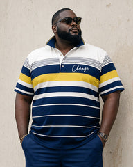 Big & Tall Men's Daily Travel Wear Striped Contrast POLO Shirt Short Sleeve Shorts Suit