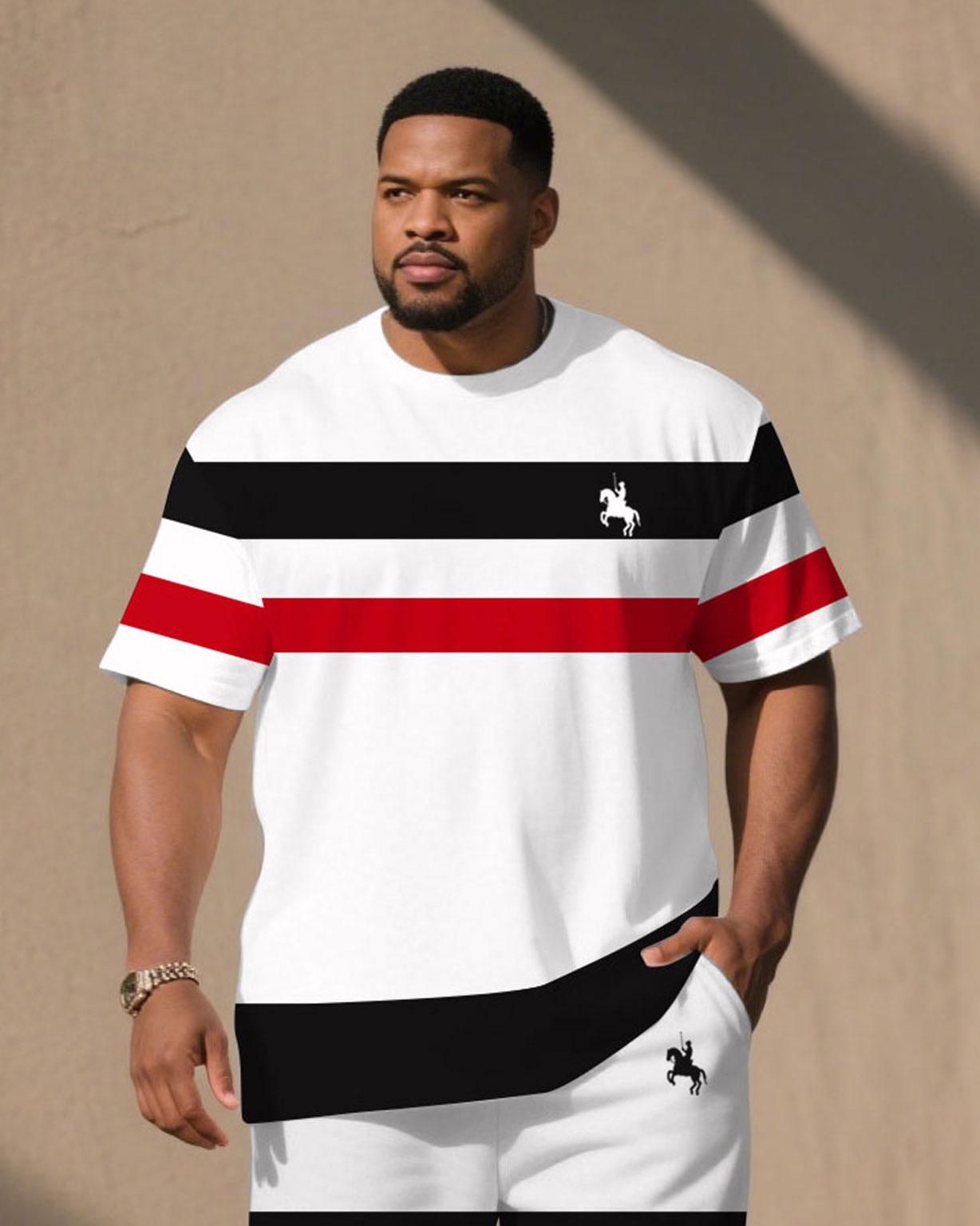 Big & Tall Men's Simple Casual Thick Striped Stitching T-Shirt Shorts Set