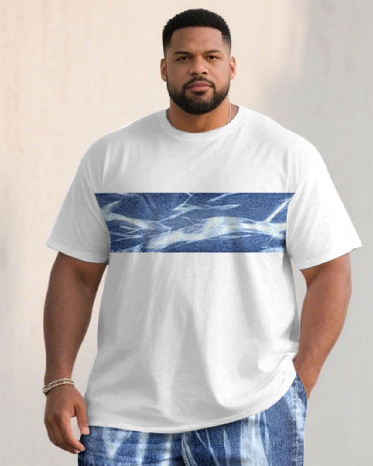 Big & Tall Men' Imitation Denim Wash Printed Stitching Short Sleeve T-shirt Shorts Set