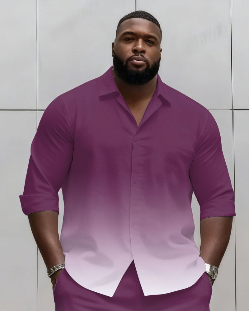 Big & Tall Men's Business Simple Blue & Purple & Grey & White 3 Choice Gradient Contrast Long Sleeve Shirt Shorts Set