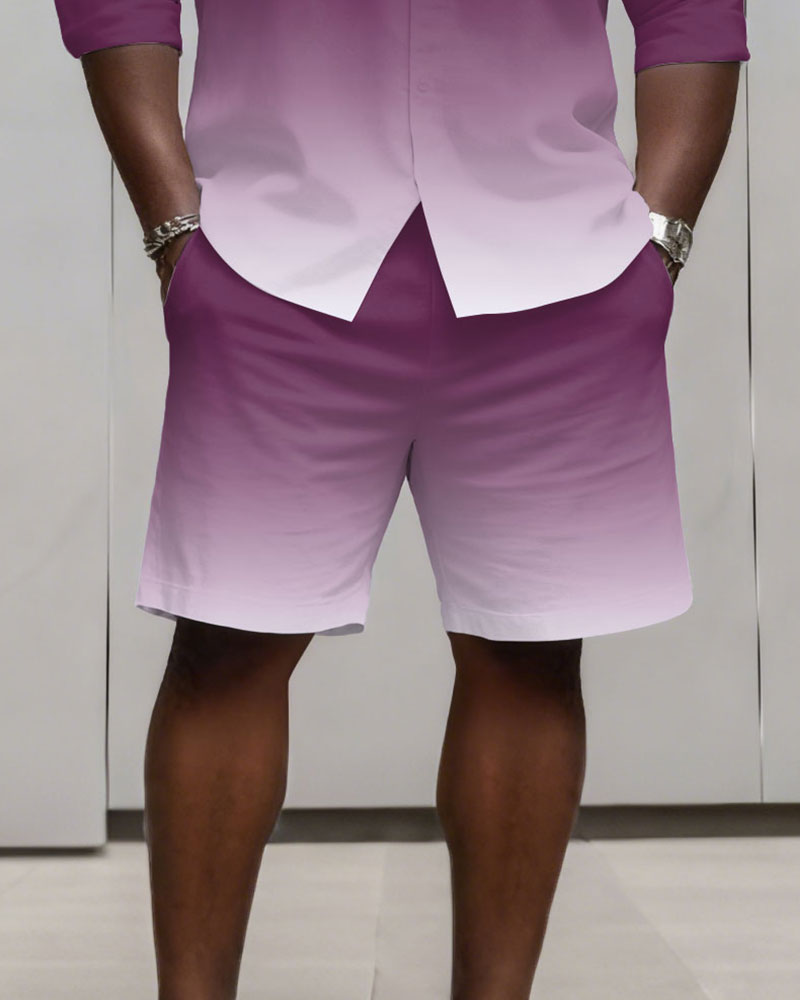 Big & Tall Men's Business Simple Blue & Purple & Grey & White 3 Choice Gradient Contrast Long Sleeve Shirt Shorts Set