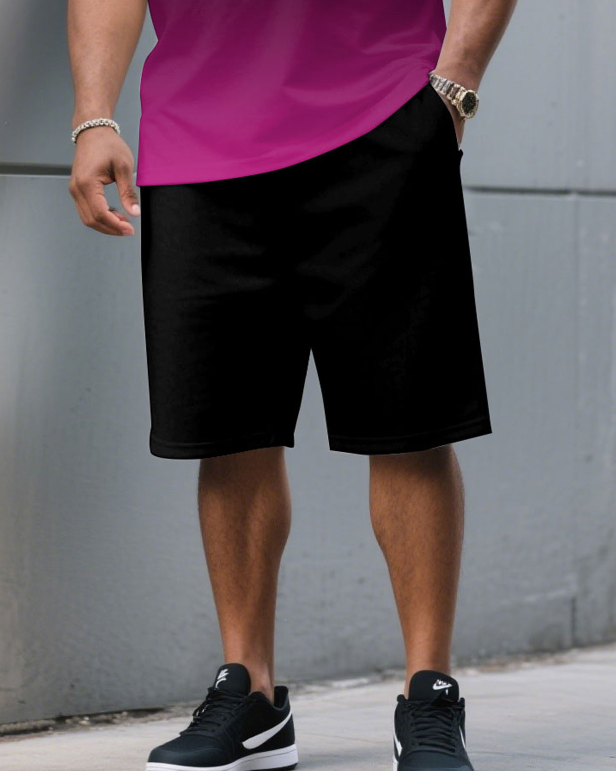 Men's Plus Size Casual Black & Red Chest Gradient Fashion Round Neck Short Sleeve T-Shirt and Shorts Suit