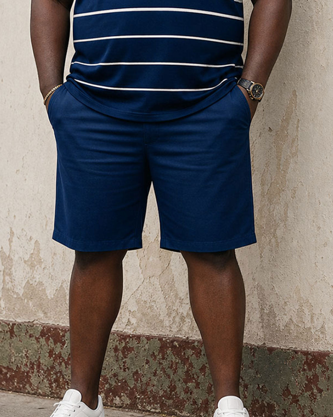 Big & Tall Men's Daily Travel Wear Striped Contrast POLO Shirt Short Sleeve Shorts Suit