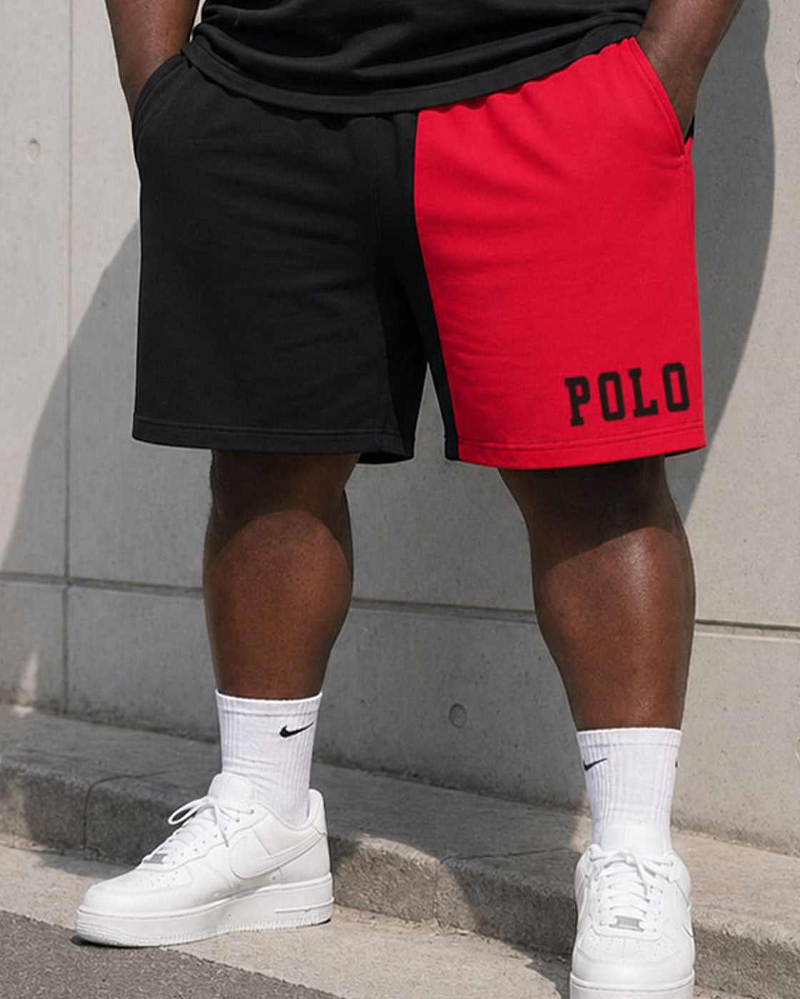 Big & Tall Men's Black And Red Patchwork Chest Logo Print T-Shirt And Shorts Set