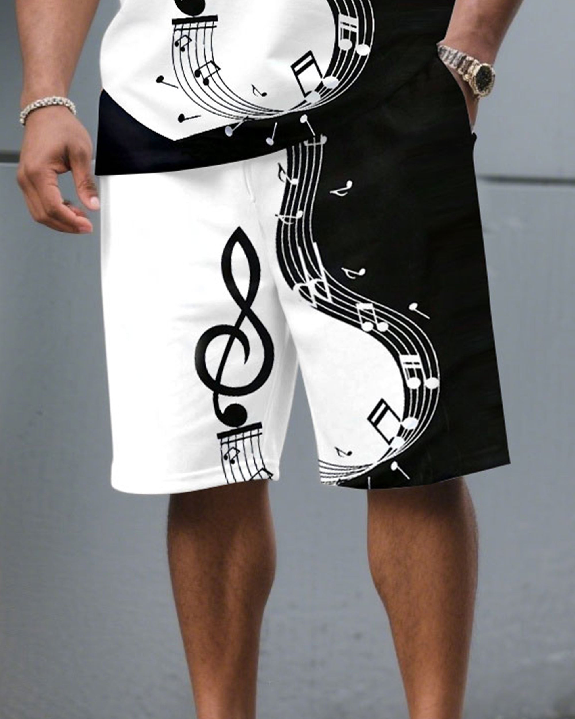 Big & Tall Men's Black & White Contrast Color Music Pattern Printed Round Neck Short Sleeve T-Shirt Shorts Set