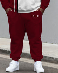 Large Size Men's Autumn And Winter Warm Cold-proof Dark Red & White Contrast Color Small Label Printed Kangaroo Large Pocket Hoodie Sweatpants Set