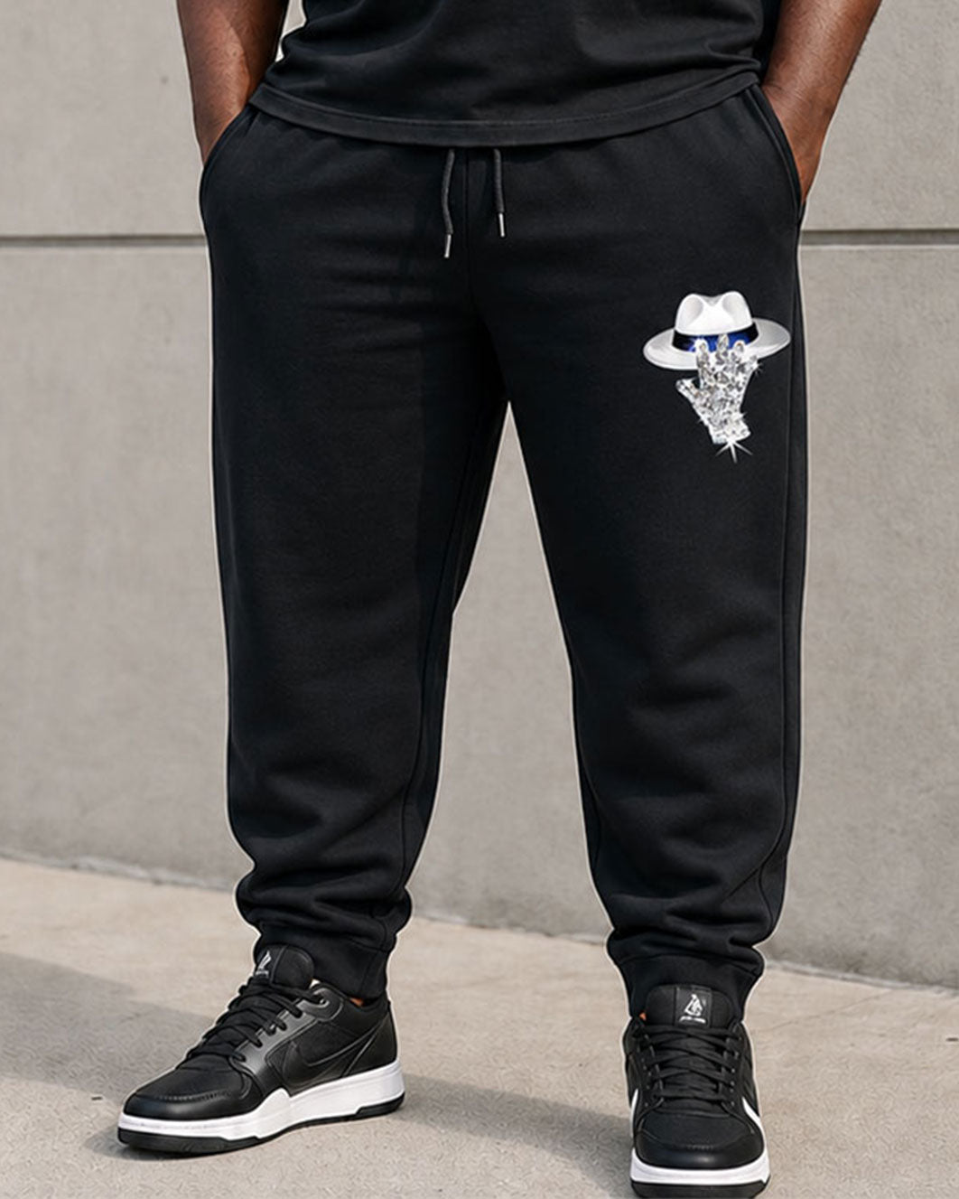 Big & Tall Men's Mysterious Guest Pattern Printed Black Short-Sleeved T-Shirt Pants Set