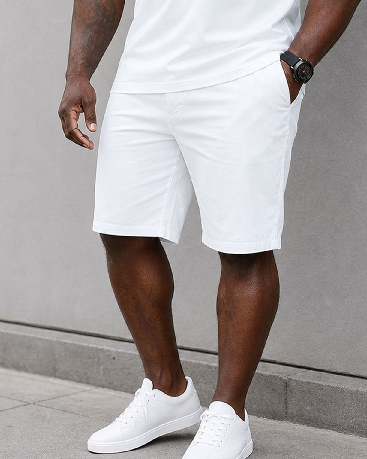 Big & Tall Men's White & Black Check Neckline Design Stitching POLO Shirt Short Sleeve Shorts Set