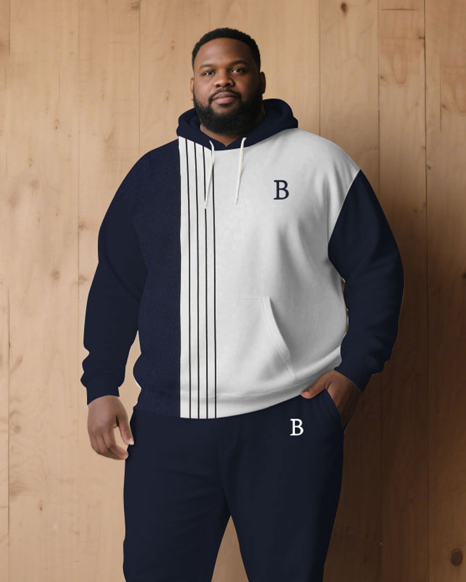 Large Size Men's Autumn And Winter Warm Cold-proof Dark Blue & White Color-block Sleeves Chest Small Label Printed Hoodie Sweatpants Set