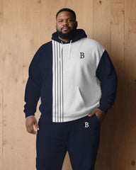 Large Size Men's Autumn And Winter Warm Cold-proof Dark Blue & White Color-block Sleeves Chest Small Label Printed Hoodie Sweatpants Set