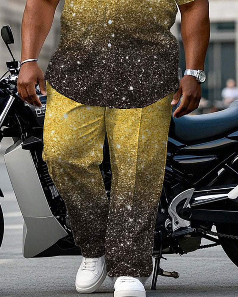 Big Men's Gold & Black Cotton Blend Sequin Christmas Short Sleeve Shirt Trouser Set