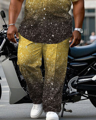 Big Men's Gold & Black Cotton Blend Sequin Christmas Short Sleeve Shirt Trouser Set