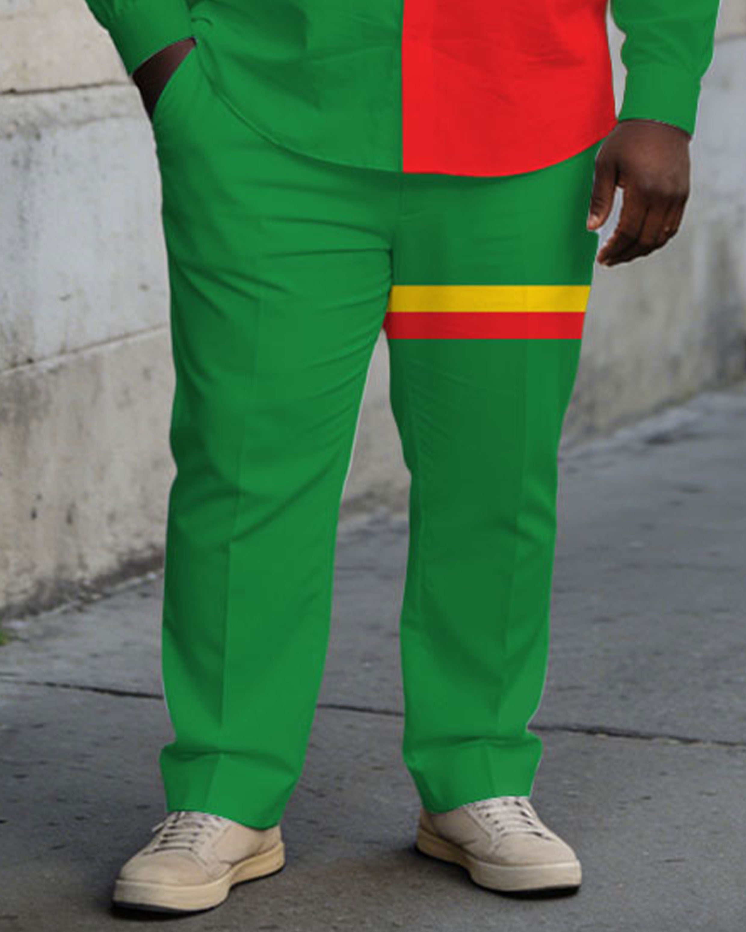 Men's Plus Size Black Day Green & Yellow & Red Ethnic Color Contrast Color BLACK Slogan Printed Long Sleeve Shirt Trousers Business Casual Suit