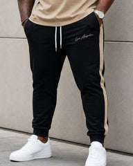 Big & Tall Men's Simple Casual Stitching Contrast Color Design Chest Handwritten Slogan Short Sleeve T-shirt Sports Pants Set