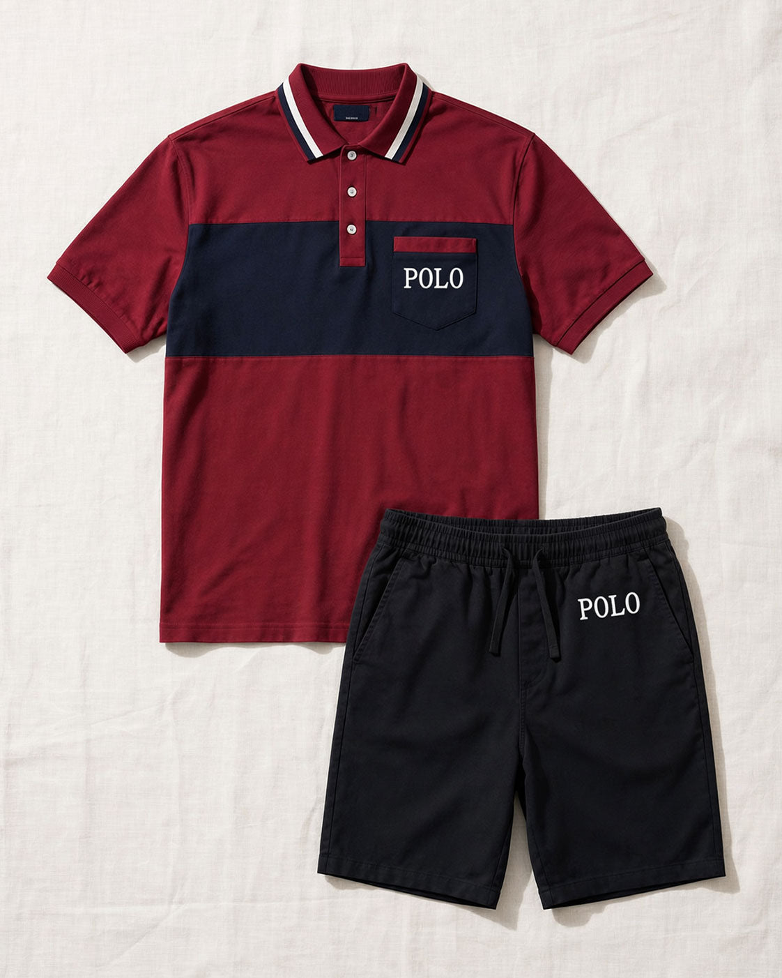 Big & Tall Men's Dark Red & Black Business Travel Casual POLO Shirt Short Sleeve Shorts Set