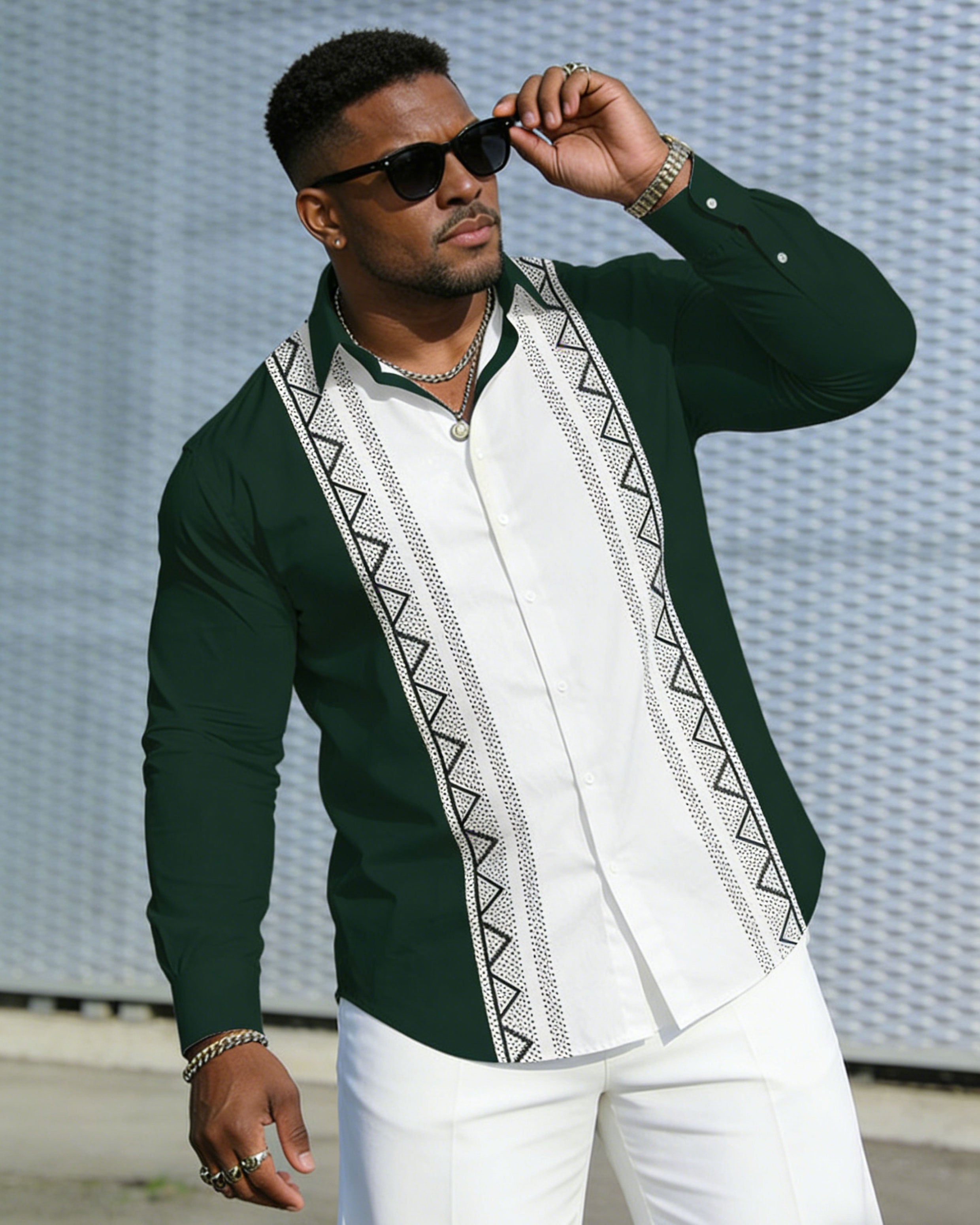 Men's Plus Size Casual Holiday White & Green Geometric Gentleman Wrinkle-Reproof New Lapel Long Sleeve Shirt
