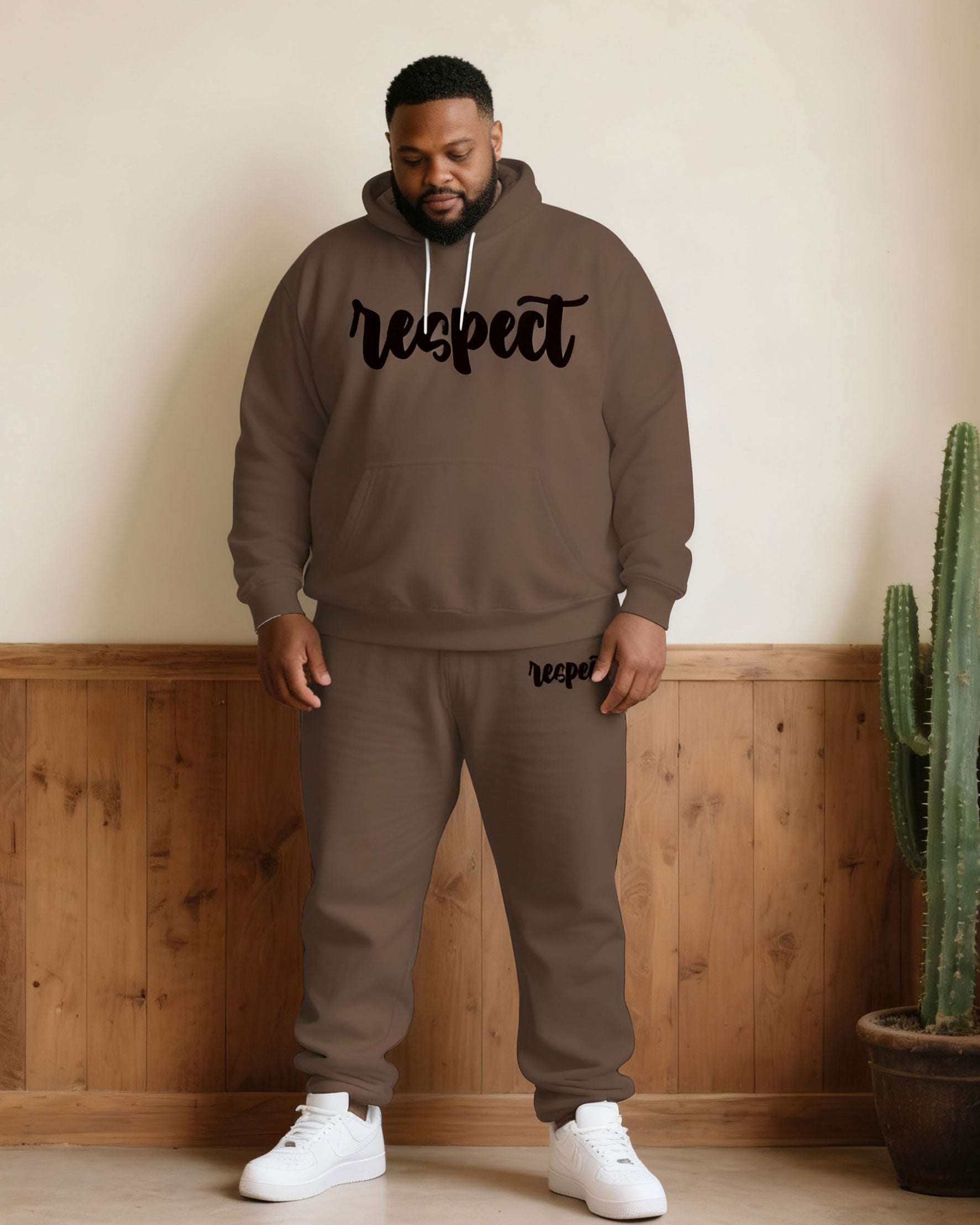 Large Size Men's Autumn And Winter Warm Cold-proof Brown "respect" Slogan Printed Hoodie Sweatpants Set