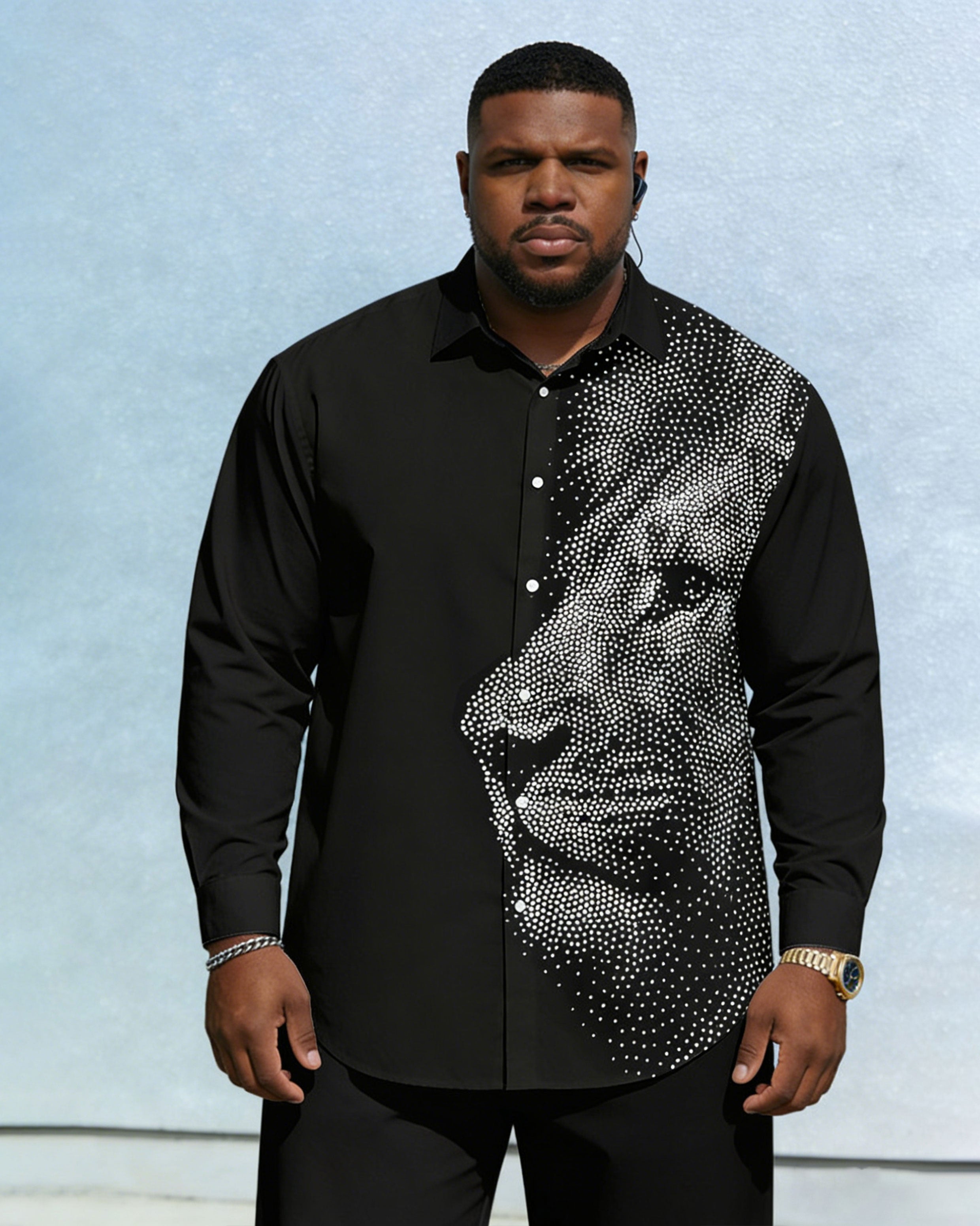 Men's Plus Size Casual Simple Vacation 3D Lion King Printed Black Wrinkle-resistant New Lasel Long-sleeved Shirt
