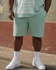 Big & Tall Men's Green Irregular Geometric Contrast Printed Button POLO Shirt Short Sleeve Shorts Set