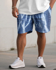 Big & Tall Men' Imitation Denim Wash Printed Stitching Short Sleeve T-shirt Shorts Set