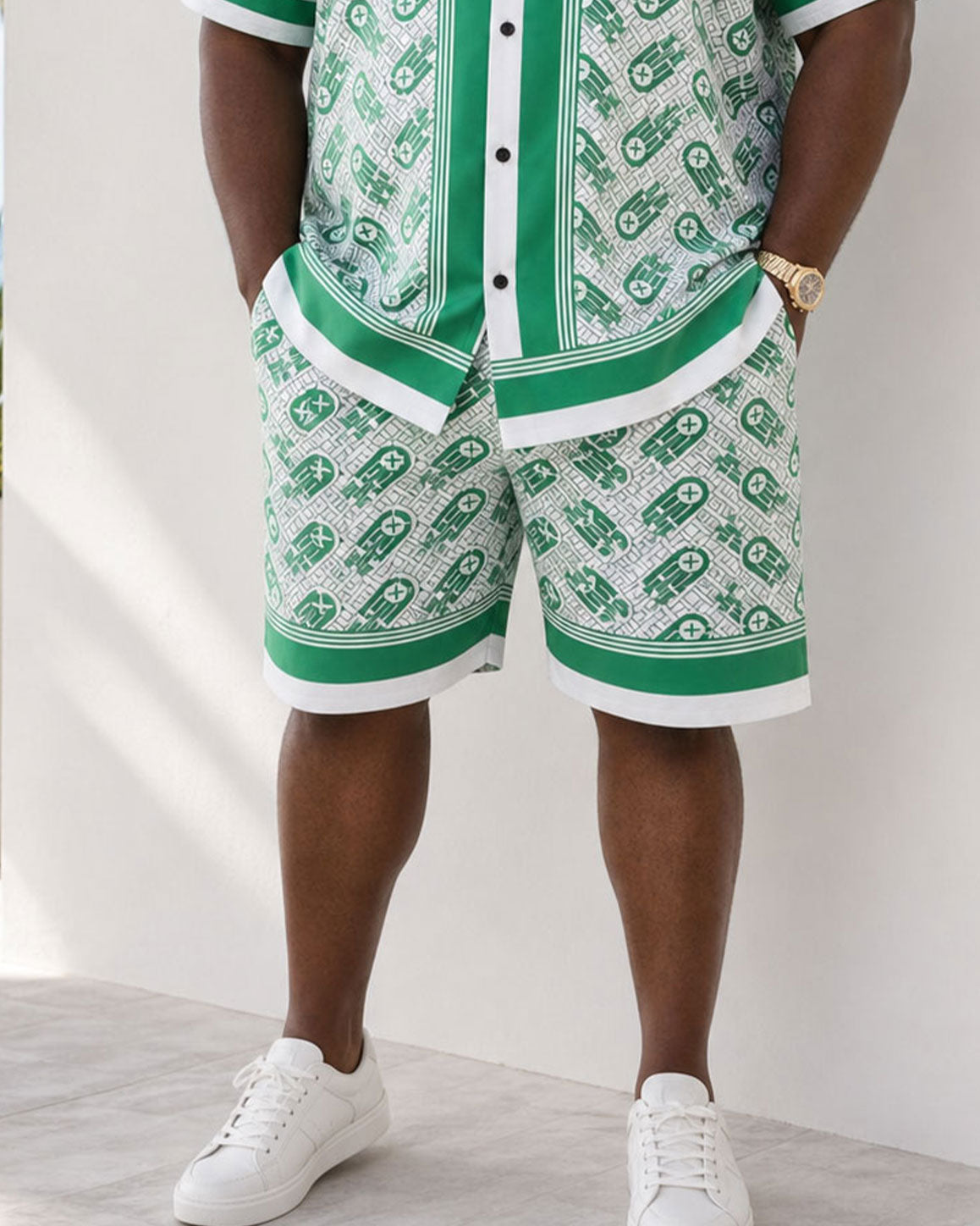 Big & Tall Men's Luxury Baroque Green Pattern Printed Button Shirt Short Sleeve Shorts Set