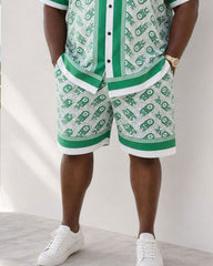 Big & Tall Men's Luxury Baroque Green Pattern Printed Button Shirt Short Sleeve Shorts Set