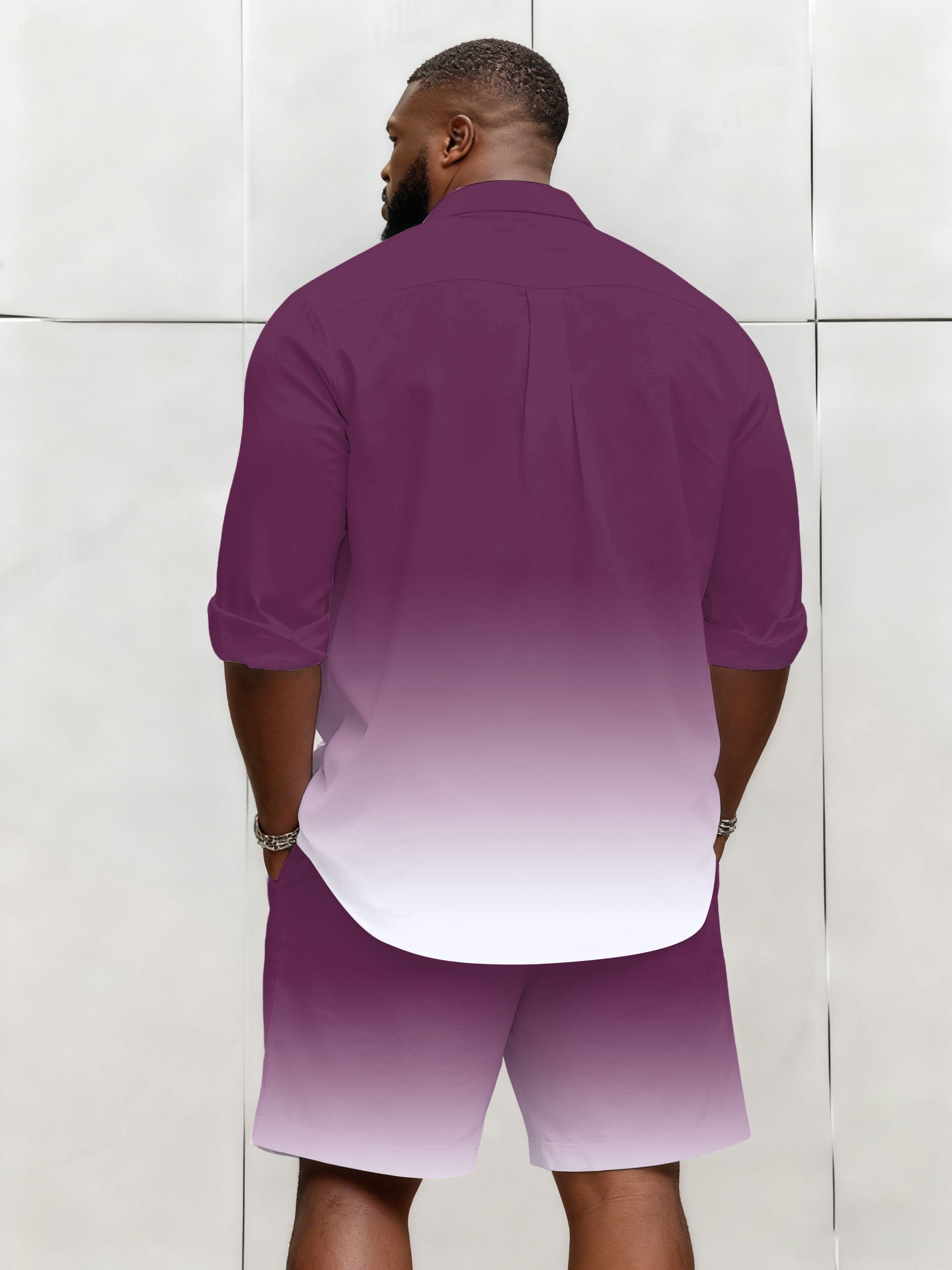 Big & Tall Men's Business Simple Blue & Purple & Grey & White 3 Choice Gradient Contrast Long Sleeve Shirt Shorts Set