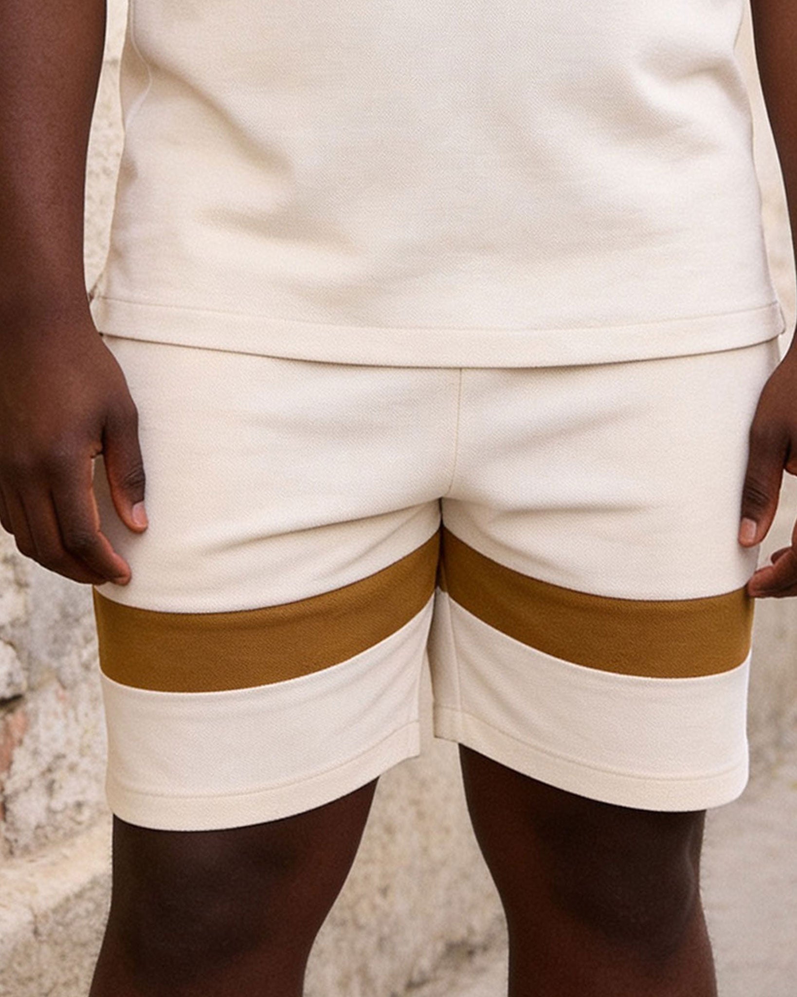 Big & Tall Men's Apricot & Brown Contrast Color Chest Large Label POLO Shirt Short Sleeve Shorts Set
