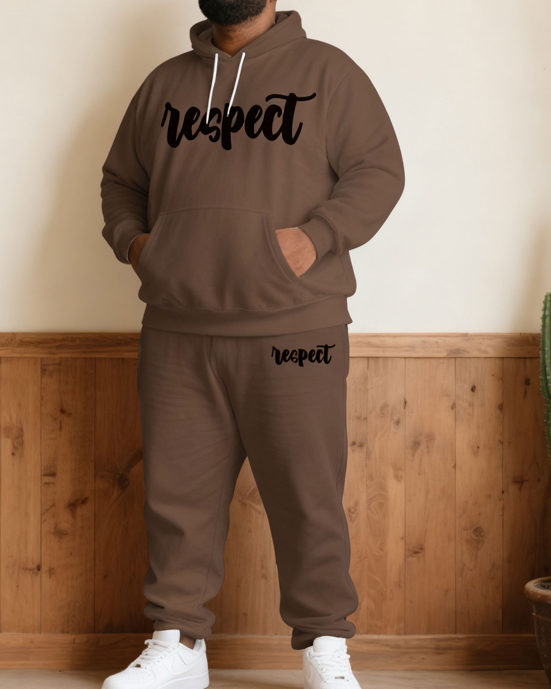 Large Size Men's Autumn And Winter Warm Cold-proof Brown "respect" Slogan Printed Hoodie Sweatpants Set