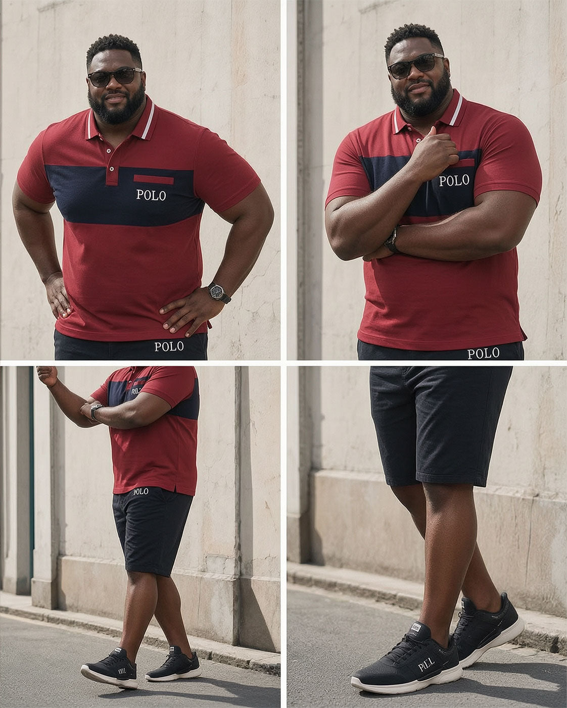 Big & Tall Men's Dark Red & Black Business Travel Casual POLO Shirt Short Sleeve Shorts Set