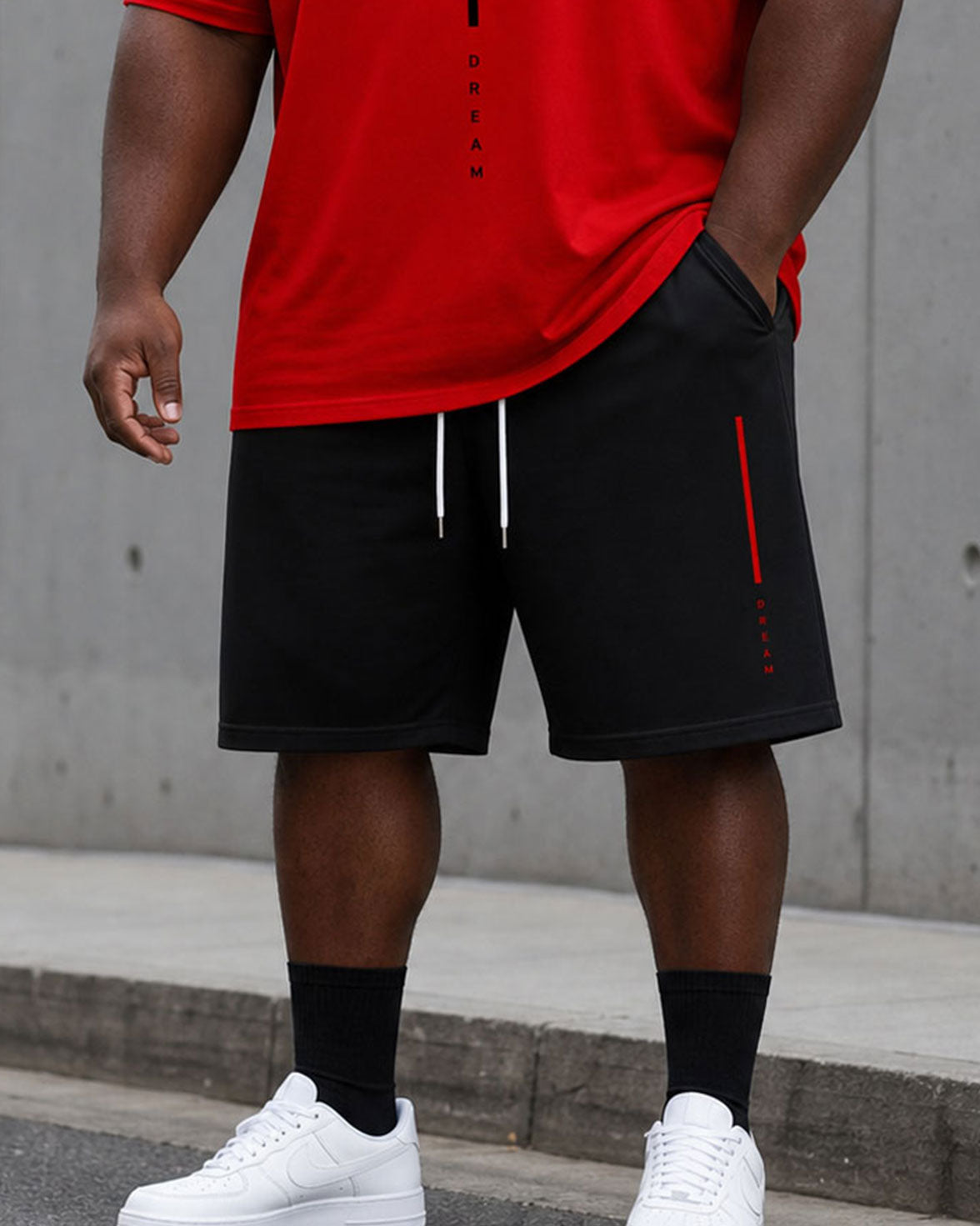 Big & Tall Men's Daily Travel Leisure Party Red & Black Short Sleeve T-Shirt Shorts Set