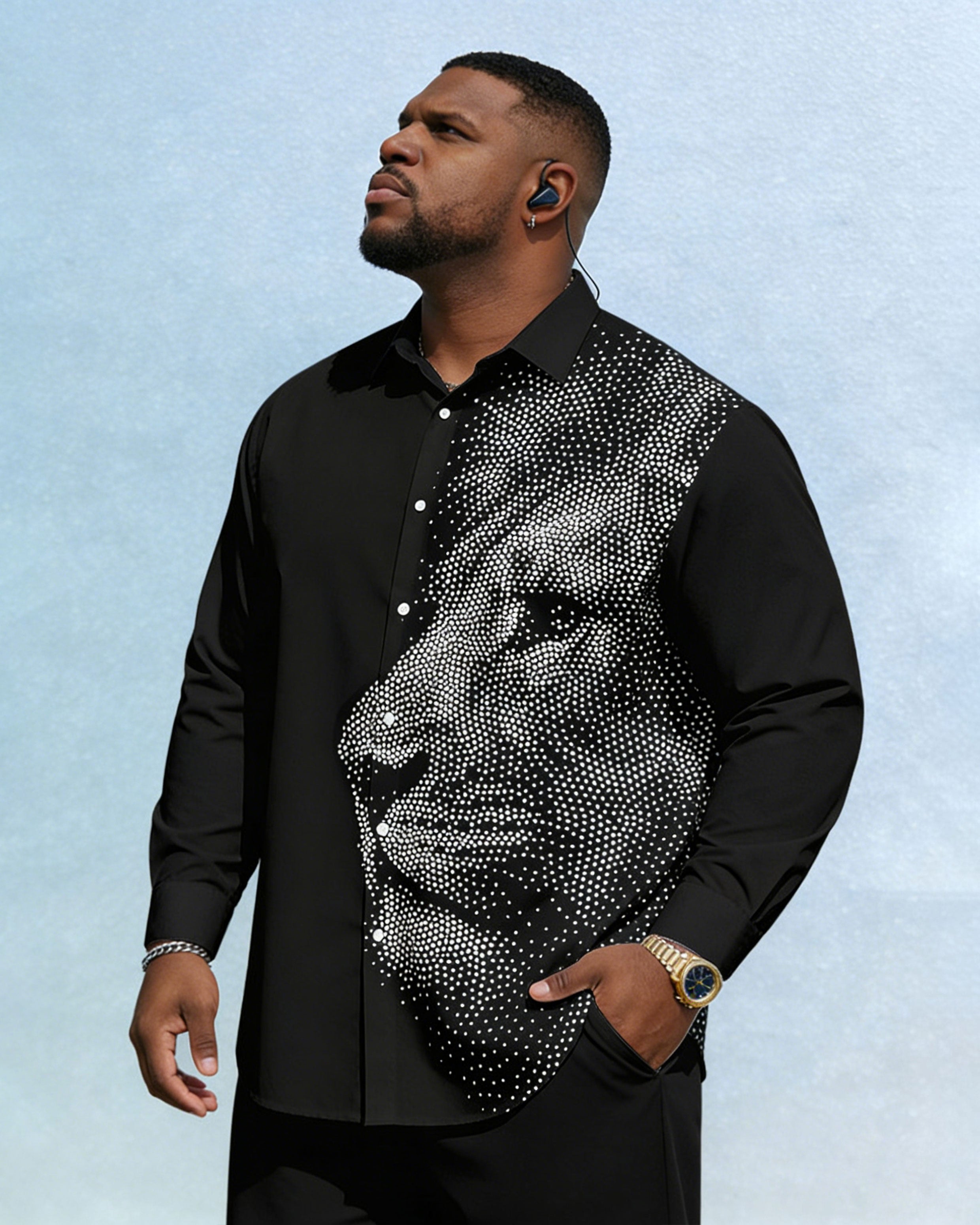 Men's Plus Size Casual Simple Vacation 3D Lion King Printed Black Wrinkle-resistant New Lasel Long-sleeved Shirt