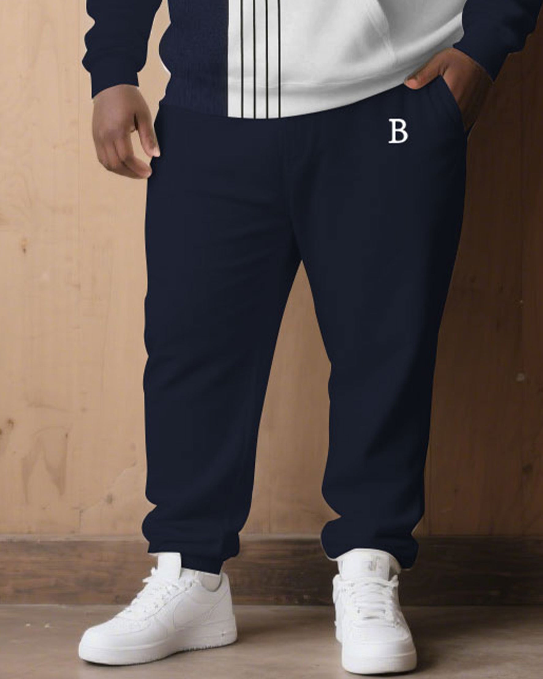 Large Size Men's Autumn And Winter Warm Cold-proof Dark Blue & White Color-block Sleeves Chest Small Label Printed Hoodie Sweatpants Set