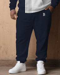 Large Size Men's Autumn And Winter Warm Cold-proof Dark Blue & White Color-block Sleeves Chest Small Label Printed Hoodie Sweatpants Set