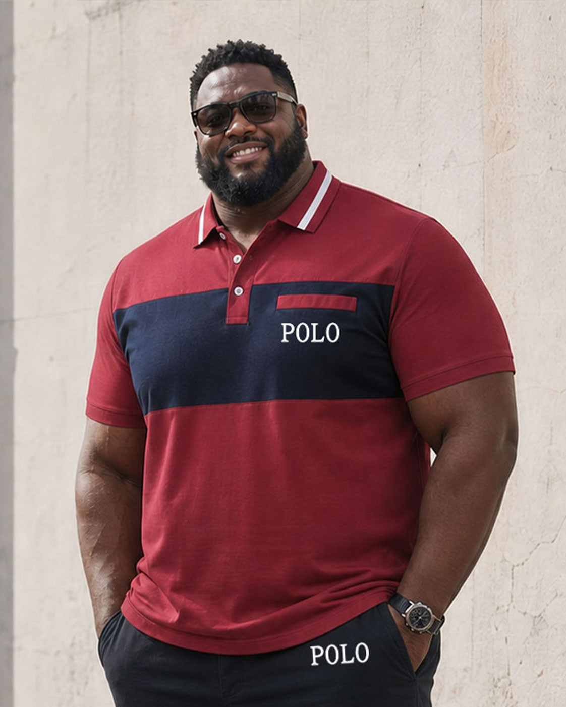 Big & Tall Men's Dark Red & Black Business Travel Casual POLO Shirt Short Sleeve Shorts Set