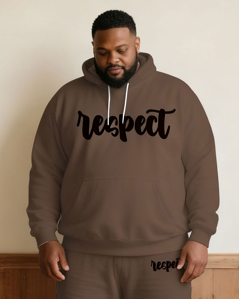 Large Size Men's Autumn And Winter Warm Cold-proof Brown "respect" Slogan Printed Hoodie Sweatpants Set