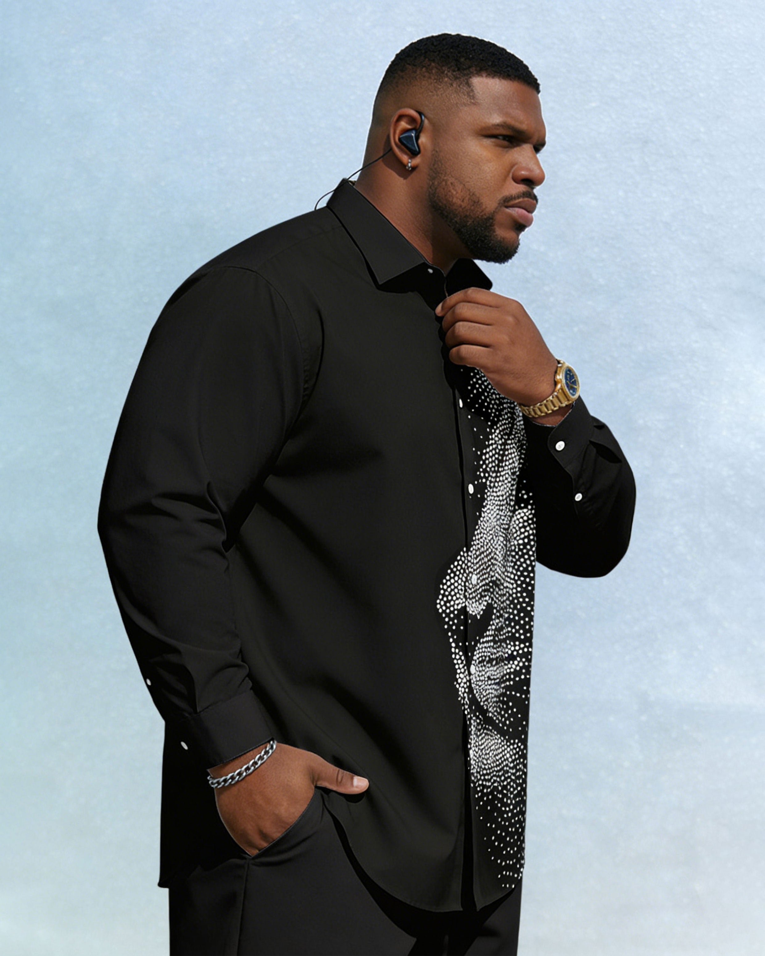 Men's Plus Size Casual Simple Vacation 3D Lion King Printed Black Wrinkle-resistant New Lasel Long-sleeved Shirt