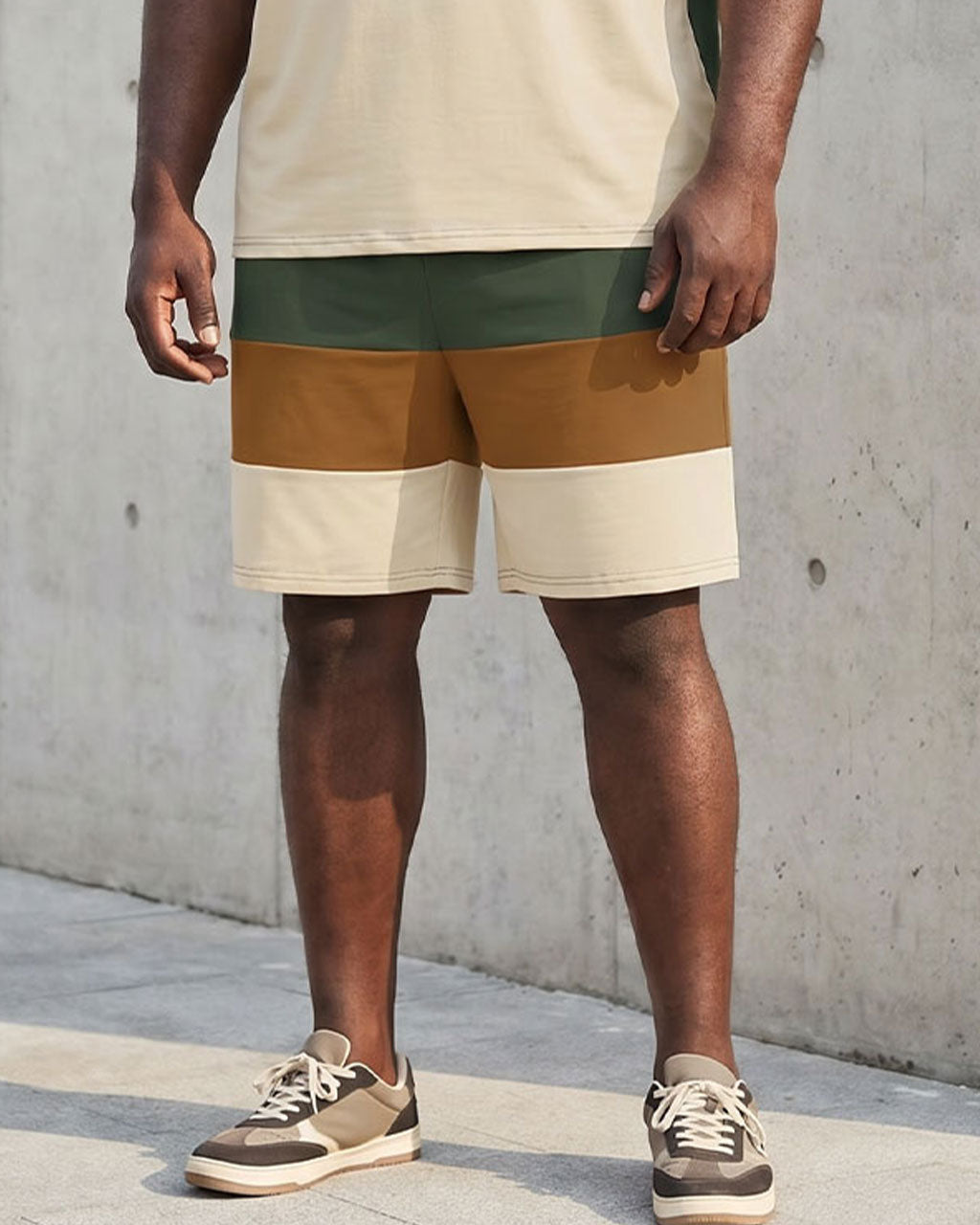 Big & Tall Men's Green & Khaki & Apricot Large Color Block Stitching Chest Printed Short Sleeve T-Shirt Shorts Set