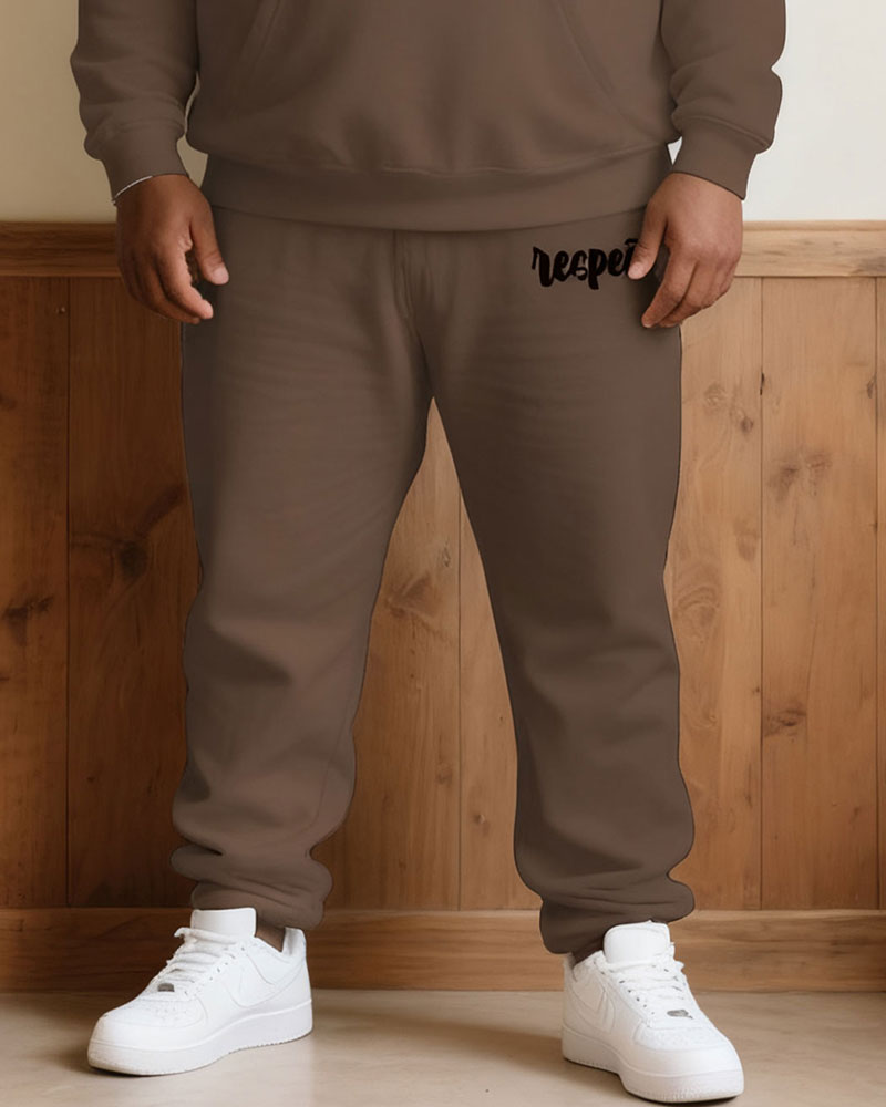 Large Size Men's Autumn And Winter Warm Cold-proof Brown "respect" Slogan Printed Hoodie Sweatpants Set
