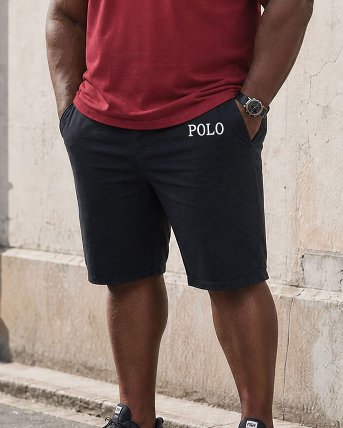 Big & Tall Men's Dark Red & Black Business Travel Casual POLO Shirt Short Sleeve Shorts Set